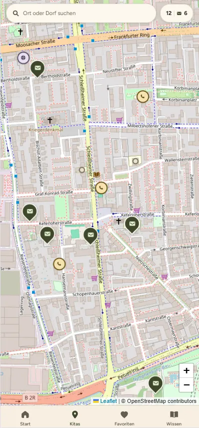 Kartenansicht der Kira-App: Kitas als Nadeln auf der Karte. Dunkle Nadeln mit Briefumschlag sind per Mail erreichbar, gelbe Kreise mit Hörer nur telefonisch, kleine Punkte haben keinen Kontakt.