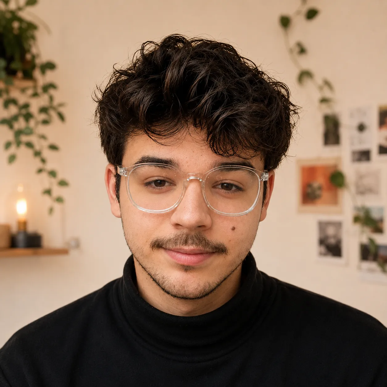 Joey Abraham, dunkle Locken, klare Brille, schwarzer Rollkragen.